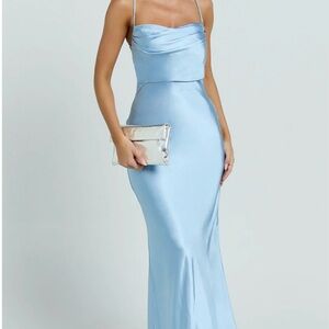 Showpo Strapless Light Blue Satin Dress